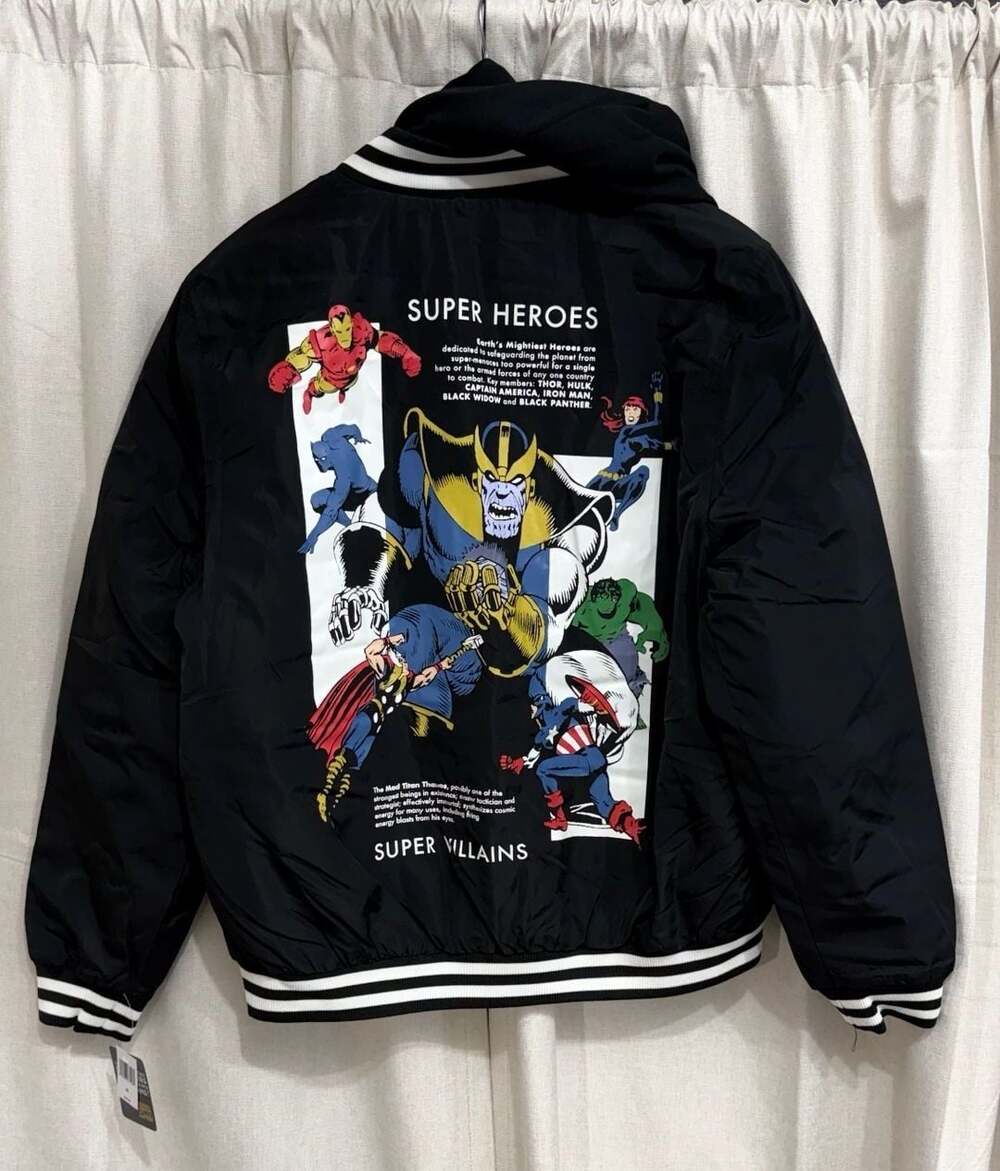 Marvel Comics Super Heroes vs Super Villains Black Hooded Varsity Bomber Jacket